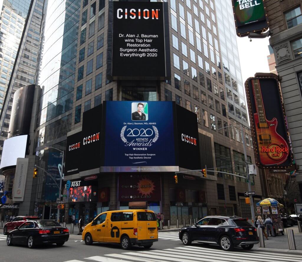 Press Release: Dr. Alan J Bauman Named #1 Top Hair Restoration Surgeon 4Th Year In A Row Times Square Press Release: Pioneer Hair Transplant Surgeon Dr. Alan J. Bauman Receives &Quot;#1 Top Hair Restoration Surgeon&Quot; &Amp; &Quot;Top Aesthetic Doctor&Quot; In Aesthetic Everything® 2020 Aesthetic And Cosmetic Medicine Awards